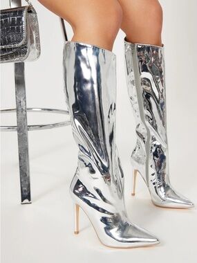 Mirror Metallic Silver Knee-High Stiletto Boots | Pointed Toe Statement